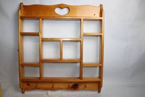 lot 33 image: Pine Wood Wall Shelf with Heart Design and Peg Hooks