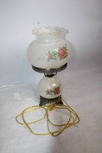 lot A-36 image: Vintage Floral Glass Hurricane Lamp with Brass Base