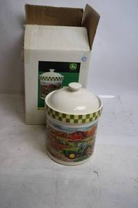 lot 40 image: John Deere Stoneware Cookie Jar with Farm Scene Design