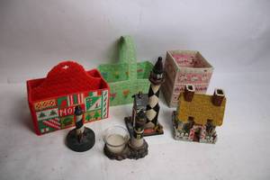 lot 43 image: Collection of Needlepoint Baskets and Lighthouse Figurines