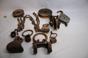lot 44 image: Collection of Antique Pulleys, Hooks, and Chains