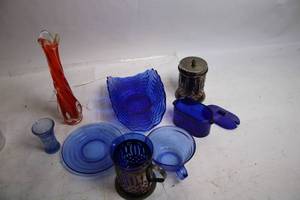 lot 51 image: Assorted Glassware Set with Blue and Orange Vases