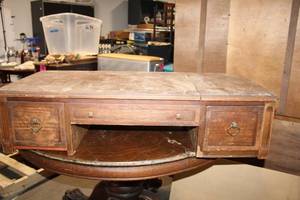 lot 73 image: Antique Wooden Vanity Desk with Mirror and Drawers