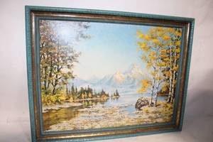 lot 79 image: Erik Gonniky Landscape Oil Painting with Teal Frame
