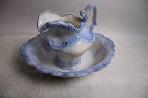 lot 84 image: Vintage Blue and White Ceramic Pitcher with Wash Basin