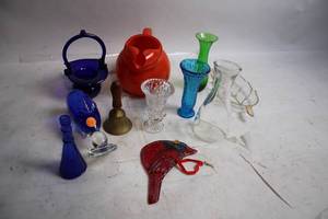 lot 104 image: Collection of Assorted Glass Vases, Pitcher, Bells, and Decorative Items