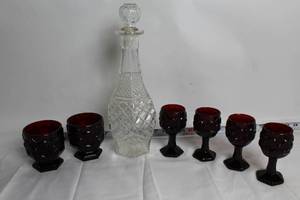 lot 112 image: Vintage Cut Glass Decanter with 6 Ruby Red Glasses Set