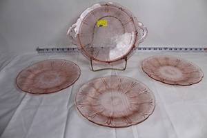 lot 114 image: Cherry Blossom Pink Depression Glass Plate Set with Handled Tray
