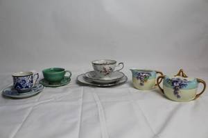 lot 116 image: Vintage Tea Set with Hand Painted Cups and Floral Creamer & Sugar Set
