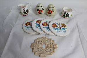 lot 117 image: Vintage Ceramic Set Salt & Pepper Shakers, Creamer, Sugar Bowl, Coasters