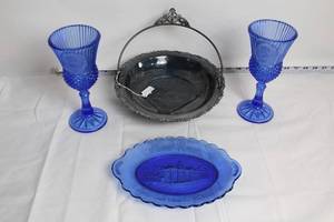 lot 120 image: Set of 4 Vintage Blue Glass Goblets and Silverplate Basket