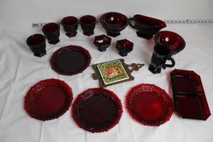 lot 121 image: Collection of Ruby Red Glass Dinnerware and Decorative Tile