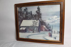 lot 123 image: Framed Winter Landscape Painting with Wooden Frame