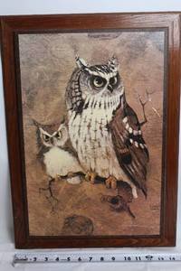 lot 124 image: Owl Family Print in Wooden Frame by Reuards Scrizzi