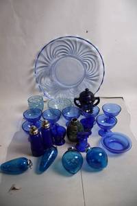 lot 144 image: Collection of Blue Glass Serving Ware and Decor Items