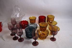 lot 155 image: Set of Vintage Colored Glassware and Crystal Basket