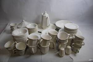 lot 163 image: White Porcelain Dinnerware Set - 72 Pieces Including Cups, Saucers, and Serving Pieces