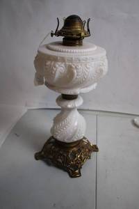 lot 164 image: Vintage Brass and Milk Glass Oil Lamp