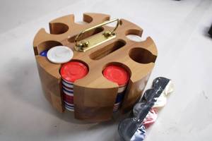 lot 72 image: Poker Chip Set with Wooden Carousel Holder