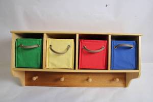 lot 79 image: Childrens Wooden Storage Shelf with 4 Colorful Fabric Bins