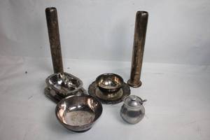 lot 138 image: Vintage Collection of Silver-Plated Tableware Including Vases and Serving Dishes