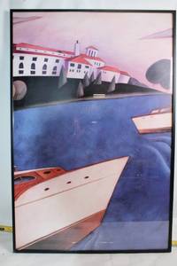 Framed Artwork Signed by Artist, Featuring Coastal Boats and Architecture