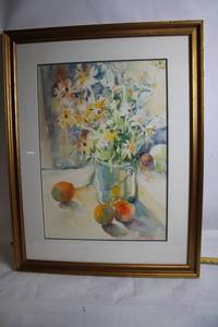 Framed Watercolor Painting of Daisies by L. Anderson