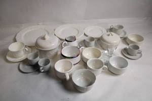 lot 202 image: Assorted White Porcelain Dining Set with Cups, Saucers, and Plates