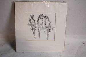 lot 220 image: Framed Sketch of Three Parrots in Black and White