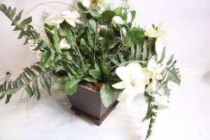 lot 225 image: Artificial Floral Arrangement in Square Wooden Planter