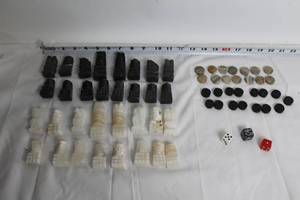 lot 260 image: Complete Set of Carved Stone Chess Pieces with Dice and Markers