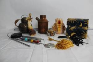 lot 262 image: Vintage Assorted Collection with Statuette, Metal Jug, and Decorative Boxes