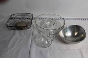 lot 273 image: Metal Wire Fruit Basket, Glass Chip and Dip Bowl, Silver Bowl, Glass Pitcher Set