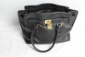 lot A-296 image: Michael Kors Black Leather Tote Bag with Gold Accents