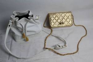 lot A-300 image: Set of 2 Fashionable Handbags - Gold Quilted Chain Bag and White Leather Tote