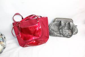 lot 304 image: Set of 2 Handbags - Red Satin with Patent Trim and Silver Leather