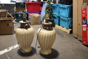 lot 13 image: Pair of Vintage Ivory Ribbed Ceramic Table Lamps