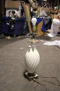 lot 15 image: Vintage White Swirl Glass Lamp with Brass Accents