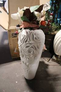 lot 16 image: Decorative White Vase with Rose Design and Faux Floral Arrangement