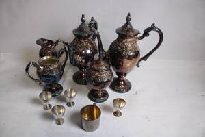 lot 32 image: Ornate Silver Plated Tea and Coffee Set with Goblets
