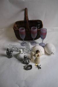 lot 47 image: Assortment of Ceramic and Glass Collectibles with Basket