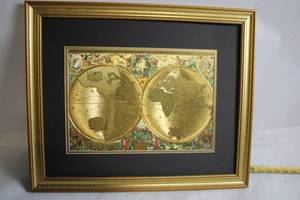 lot 90 image: Framed Vintage World Map Print with Ornate Golden Frame