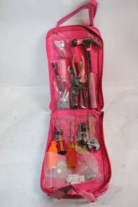 lot 125 image: Pink Tool Set with Hammer, Screwdrivers, and Wrench in Compact Case