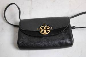 lot 147 image: Black Leather Crossbody Bag with Gold Accents