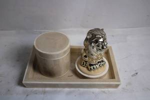 lot 150 image: Elegantly Crafted Metal Lion Figurine with Wooden Display Case
