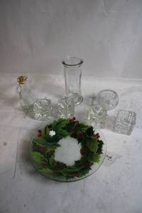 lot 198 image: Assorted Glassware Set with Holiday Wreath Plate and Crystal Holders