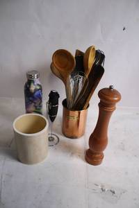 lot 199 image: Assorted Kitchen Utensil Set with Copper Holder and Wooden Mill