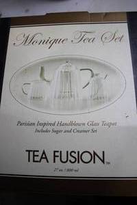 lot 201 image: Monique Parisian Handblown Glass Teapot Set with Sugar and Creamer