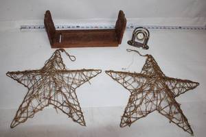 lot 222 image: Collection of 2 Wicker Star Decorations, Carved Wooden Book Holder, and Desk Clock