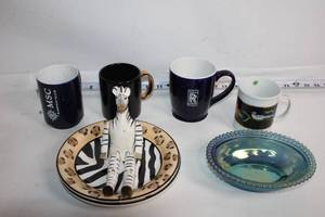 lot 231 image: Collection of Zebra Themed Plates, Figurine, and Glass Bowl